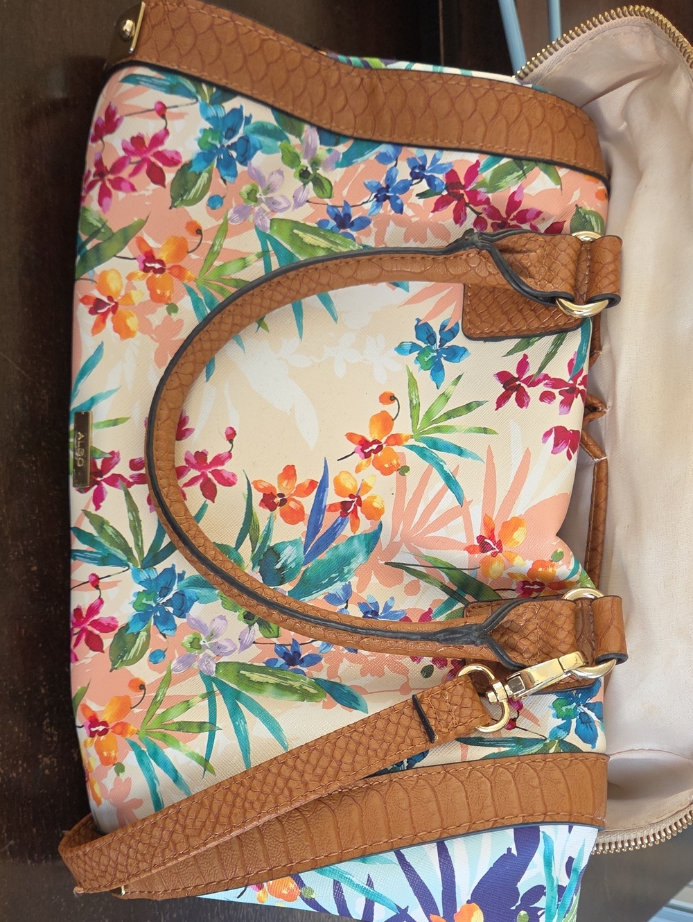 Aldo Multicolor Floral Shoulder Bag with Tan Trim